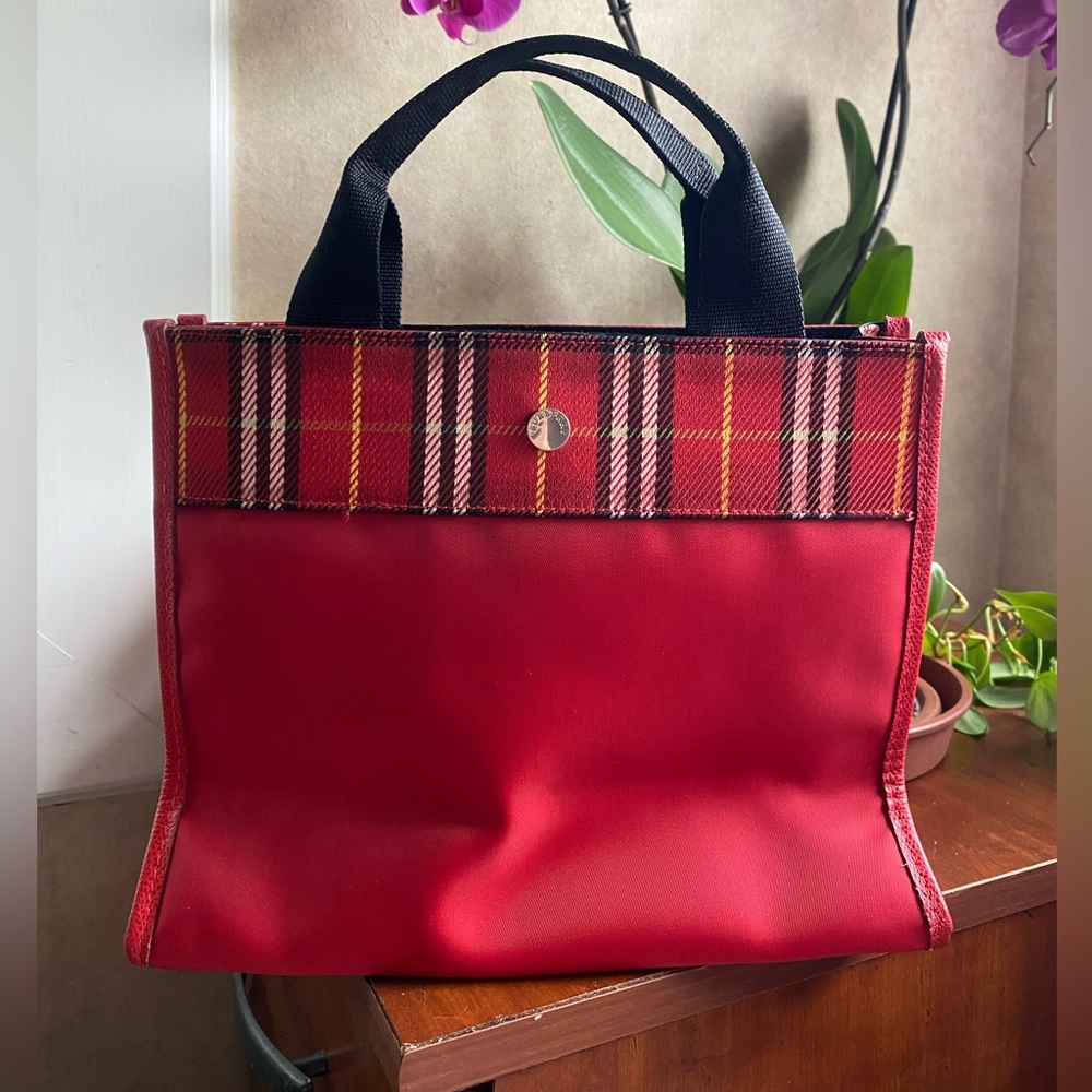 Burberry London Red Black and Plaid / Tartan Women's Nylon Tote Bag